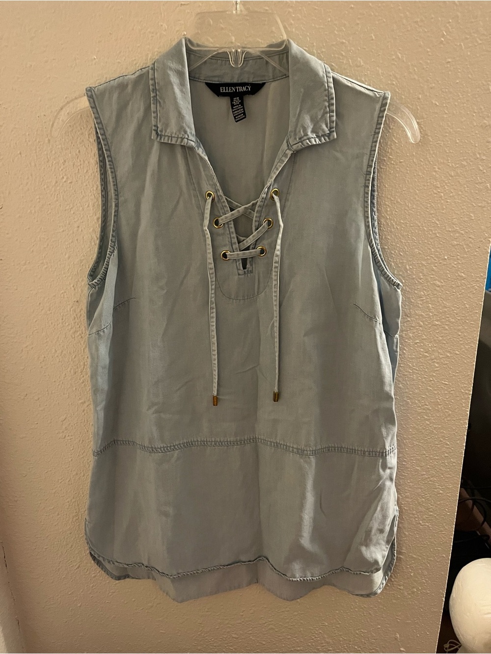 Ellen Tracy Light Wash Lace-Up Sleeveless Chambray Top